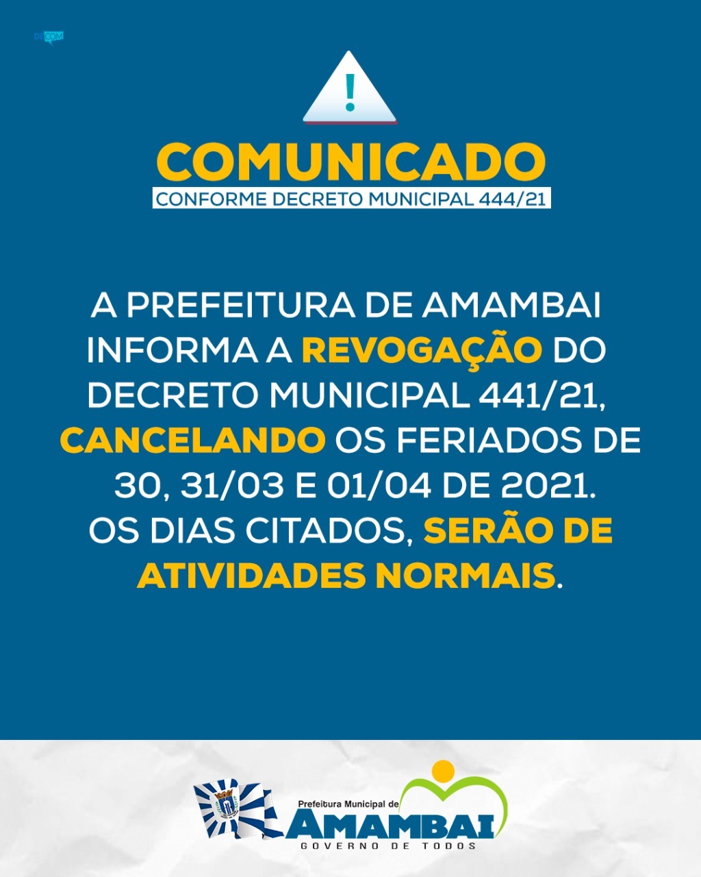 Prefeitura de Amambai revoga Decreto nº 441 e cancela antecipação dos feriados para esta semana