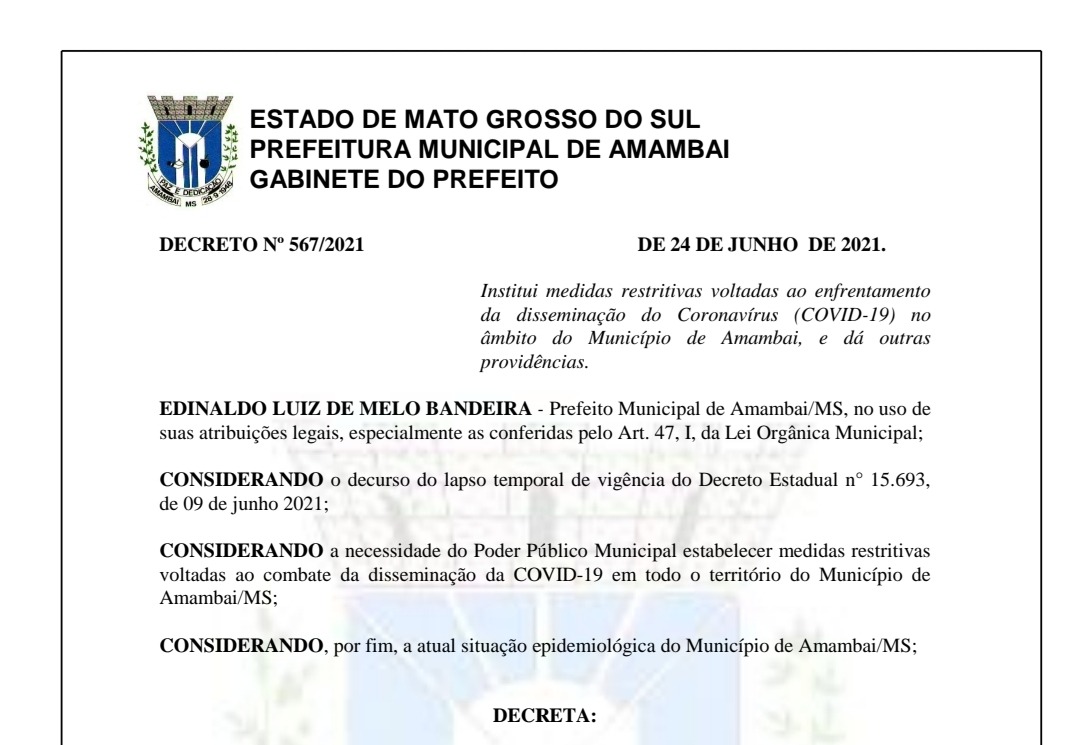 Prefeitura de Amambai divulga novo Decreto para enfrentamento à COVID-19 no município