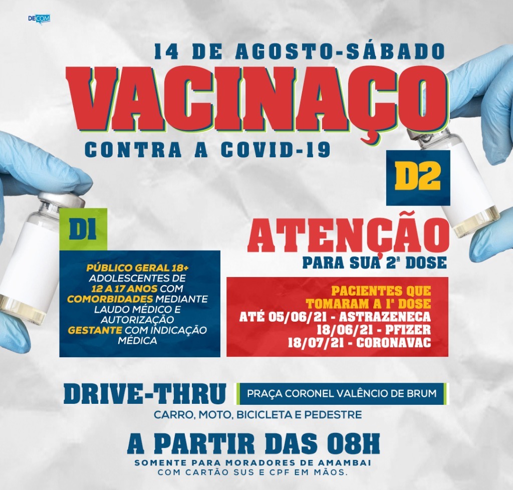 Prefeitura de Amambai realiza Vacinaço neste sábado para imunização contra a COVID-19