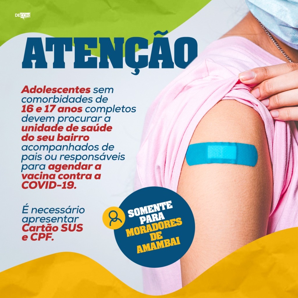 Prefeitura de Amambai convoca adolescentes de 16 e 17 sem comorbidades para agendamento de vacina contra a COVID-19