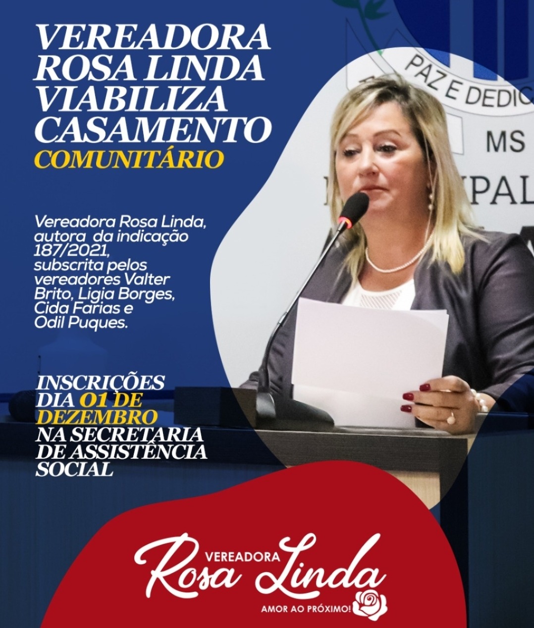 Prefeito Bandeira acata indicação da vereadora Rosa da Saúde para realização de Casamento Comunitário