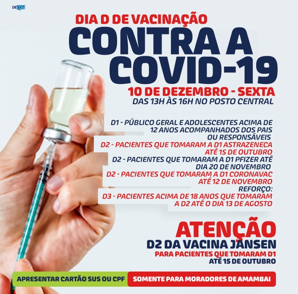 Secretaria de Saúde de Amambai convoca população para tomar a 2ª dose da vacina Janssen