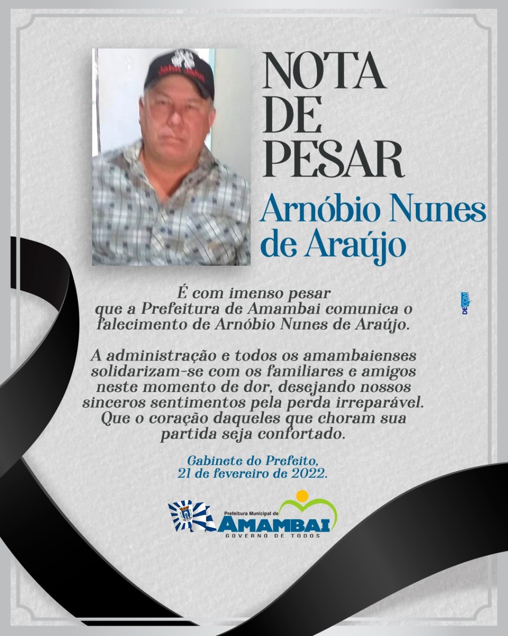 Através de nota de pesar, Prefeitura de Amambai lamenta falecimento de Arnóbio Nunes de Araújo