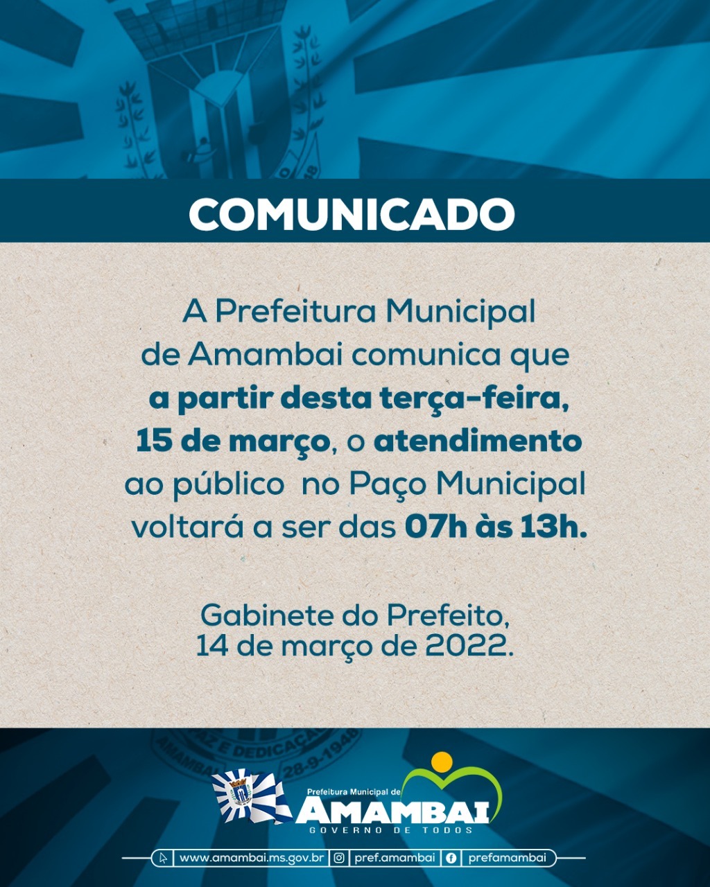 Prefeitura de Amambai informa novo horário de atendimento ao público no Paço Municipal