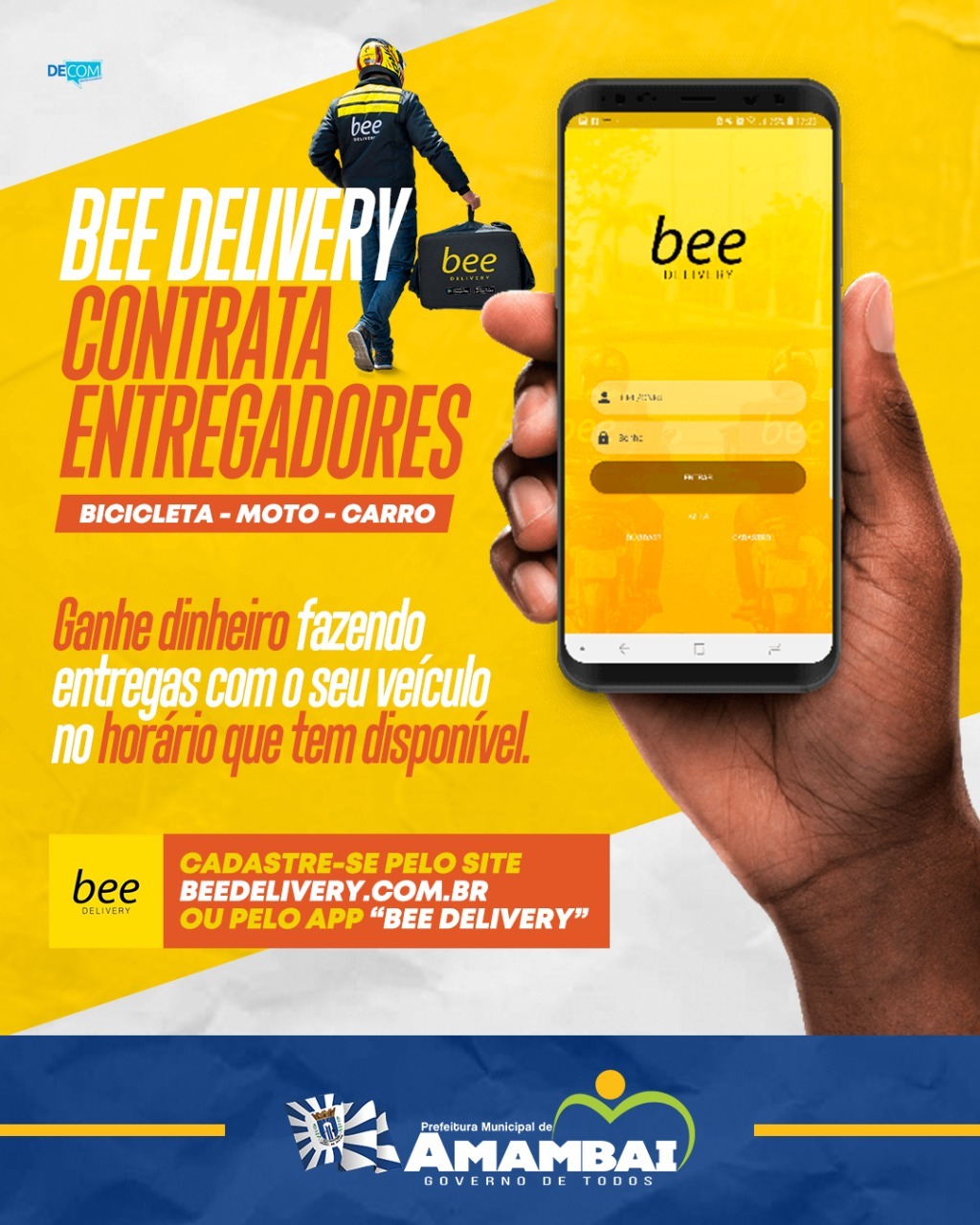 Bee Delivery oferece vagas para entregador com horários flexíveis em Amambai